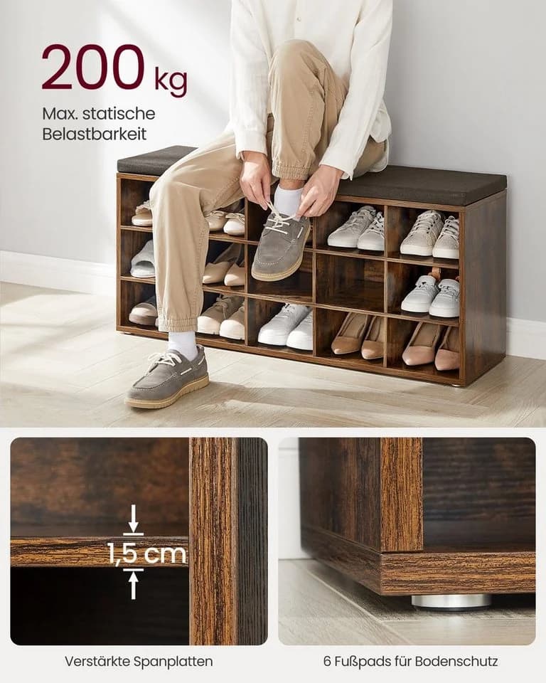 VASAGLE Schuhbank Sitzbank Schuhregal 15 Fächer 105x30x48 cm - Bild 3