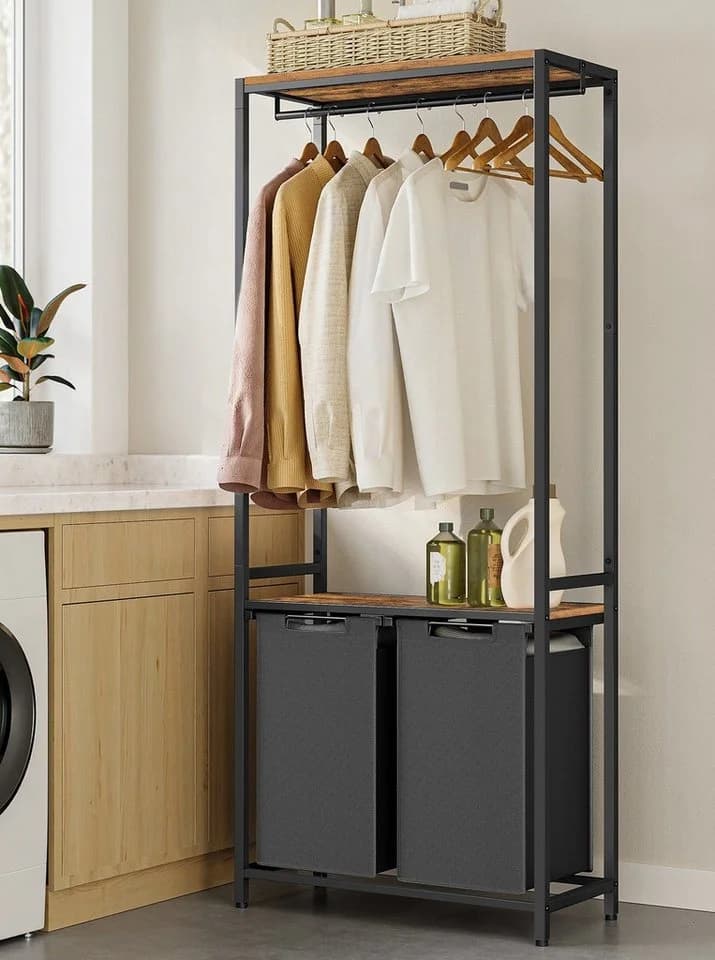 VASAGLE Wäschekorb 2 Fächer mit 2 Ablagen, Kleiderstange, abnehmbar, 2 x 46 L