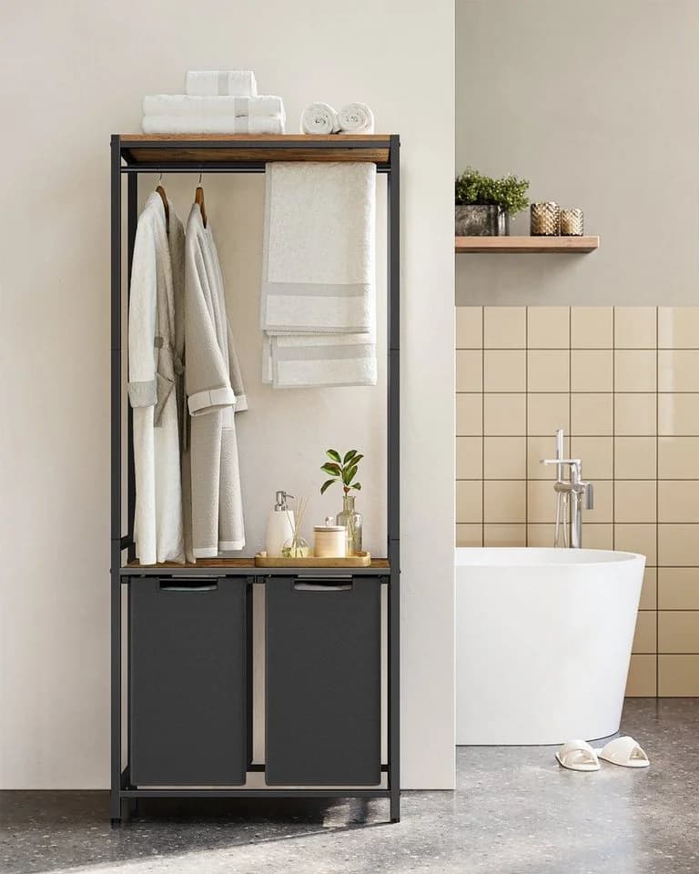 VASAGLE Wäschekorb 2 Fächer mit 2 Ablagen, Kleiderstange, abnehmbar, 2 x 46 L - Bild 3