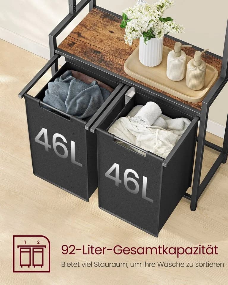 VASAGLE Wäschekorb 2 Fächer mit 2 Ablagen, Kleiderstange, abnehmbar, 2 x 46 L - Bild 4