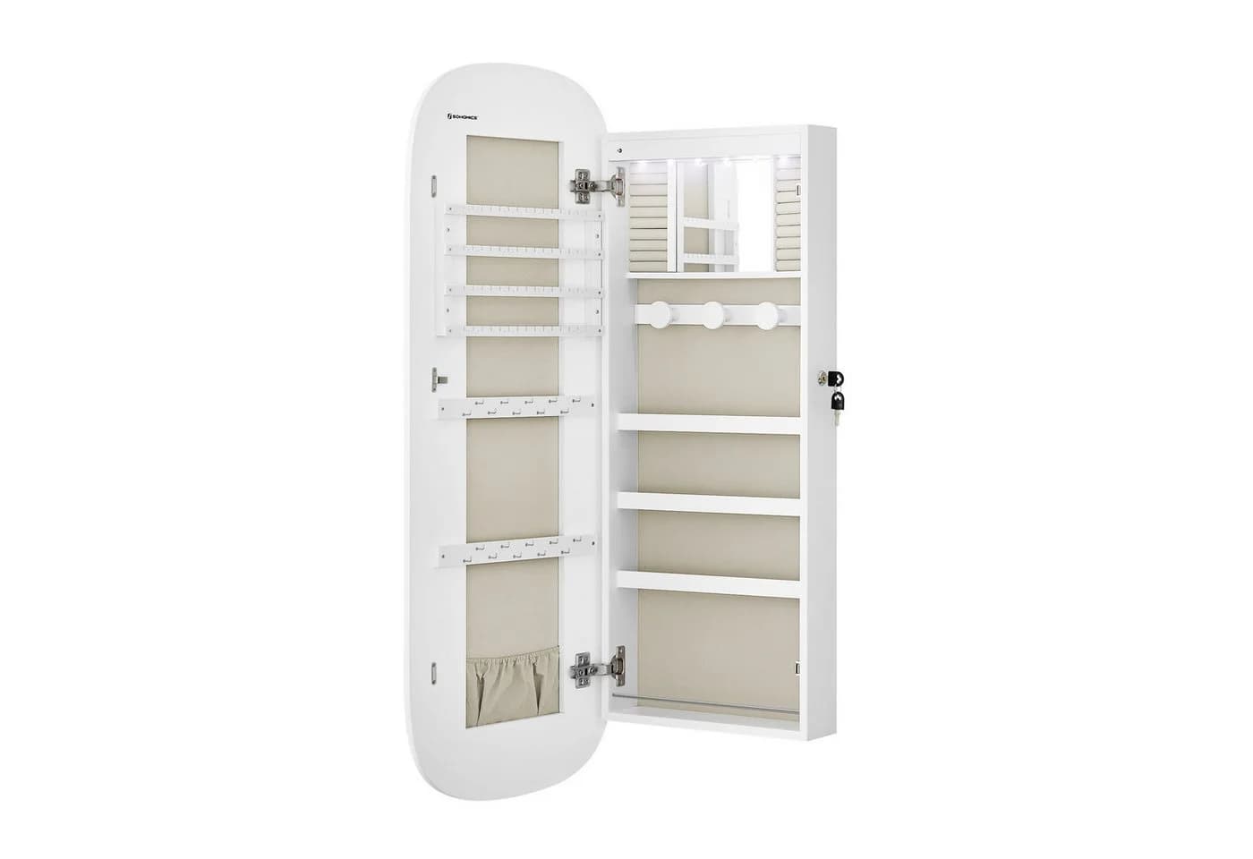 SONGMICS Schmuckschrank Spiegelschrank Wandschrank Weiß mit LED-Beleuchtung