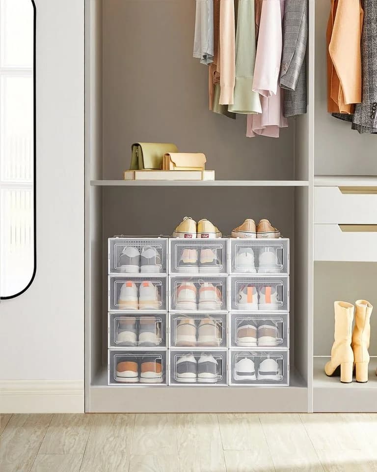SONGMICS Schuhboxen 12 St. Transparent Kunststoff Faltbar Stapelbar