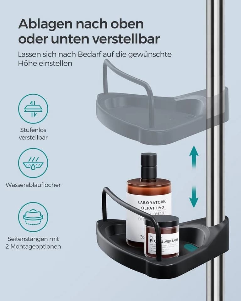 SONGMICS Duschablage Duschregal Höhenverstellbar 95-300cm 4 Ablagen 3 Haken - Bild 5