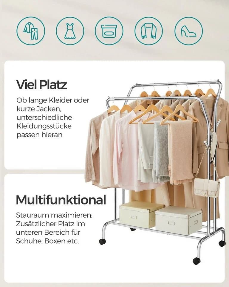 SONGMICS Kleiderständer Garderobenständer auf Rollen 100 kg belastbar - Bild 3