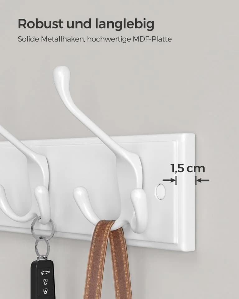 SONGMICS Wandgarderobe Garderobenhaken 4 Dreifach-Kleiderhaken Weiß - Bild 3