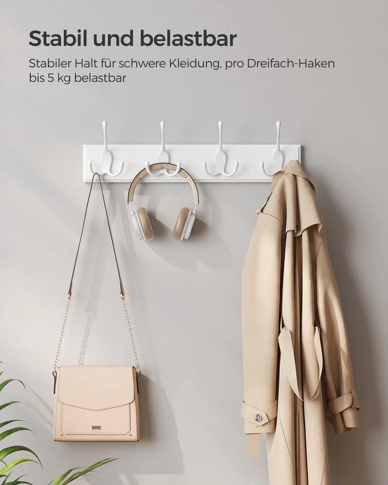 SONGMICS Wandgarderobe Garderobenhaken 4 Dreifach-Kleiderhaken Weiß - Bild 4