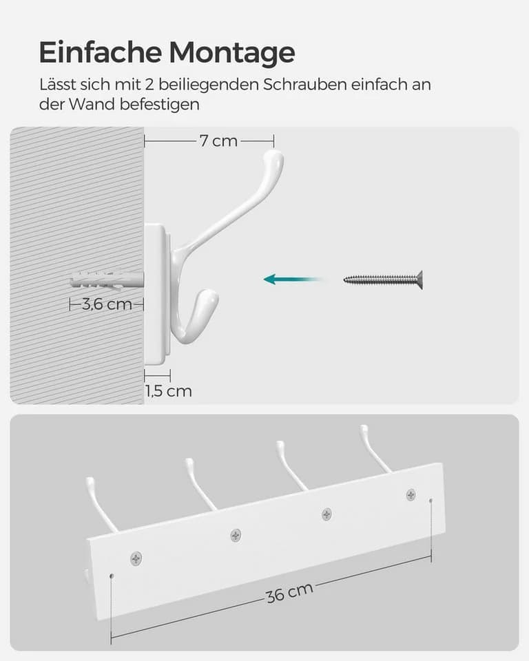 SONGMICS Wandgarderobe Garderobenhaken 4 Dreifach-Kleiderhaken Weiß - Bild 5