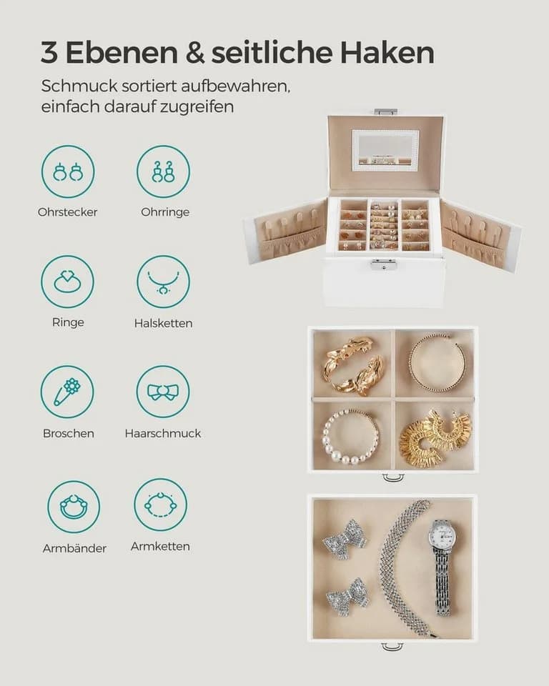SONGMICS Schmuckkasten 3 Ebenen Weiß 2 Schubladen - Bild 3