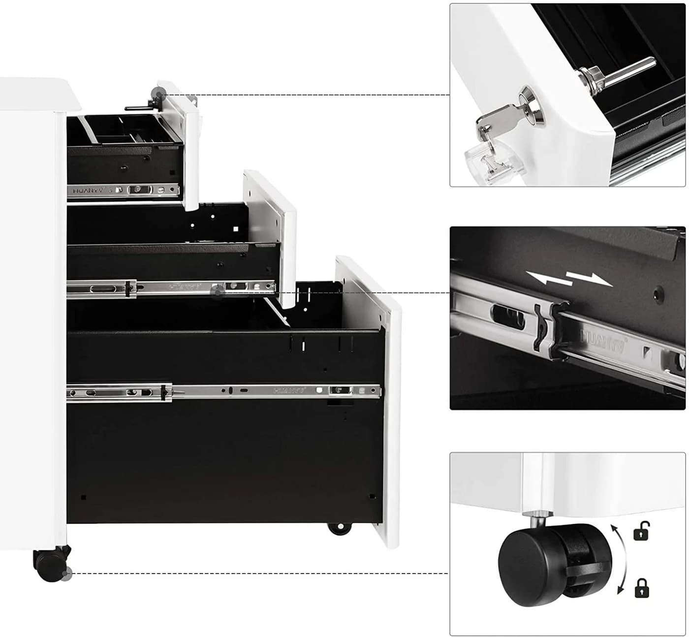 SONGMICS Aktenschrank Rollcontainer 3 Schubladen Stahl Weiß/Schwarz - Bild 5