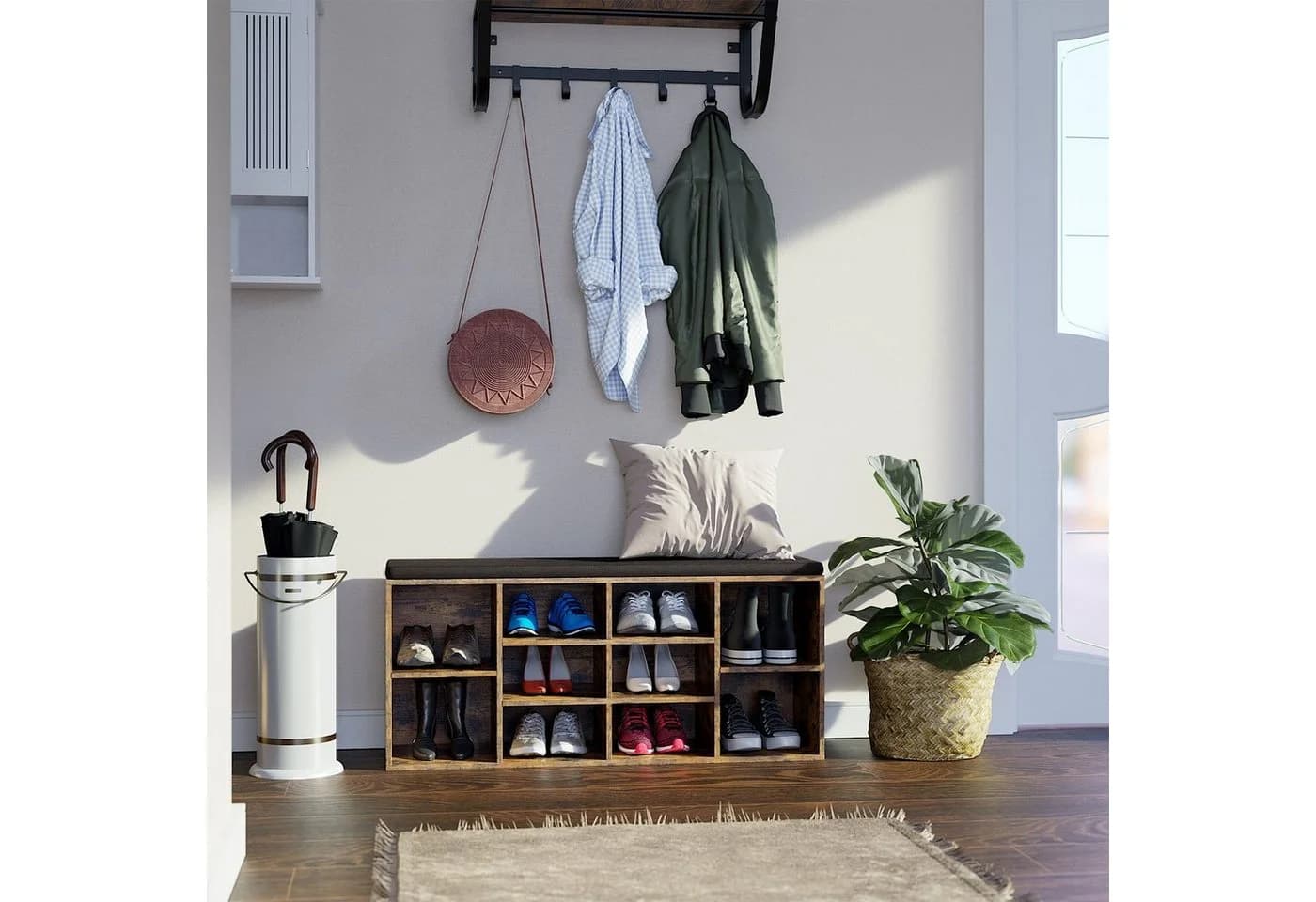 Schuhbank und Schuhregal aus Holz, Braun - Bild 3