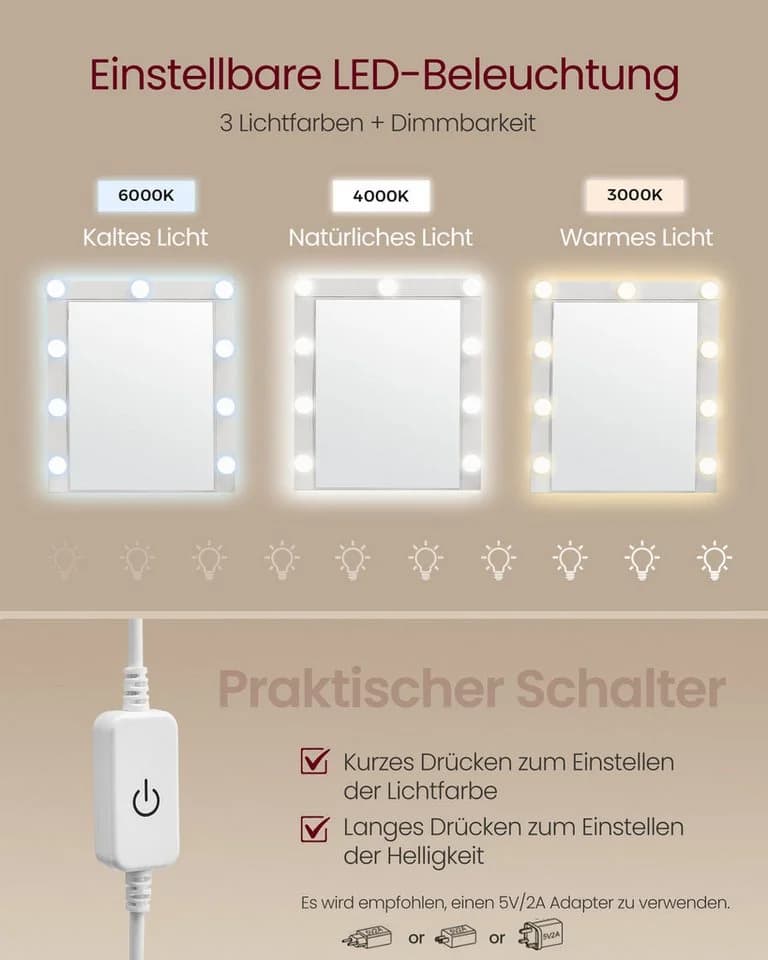 VASAGLE Schminktisch mit LED-Beleuchtung Weiß 2 Schubladen - Bild 4