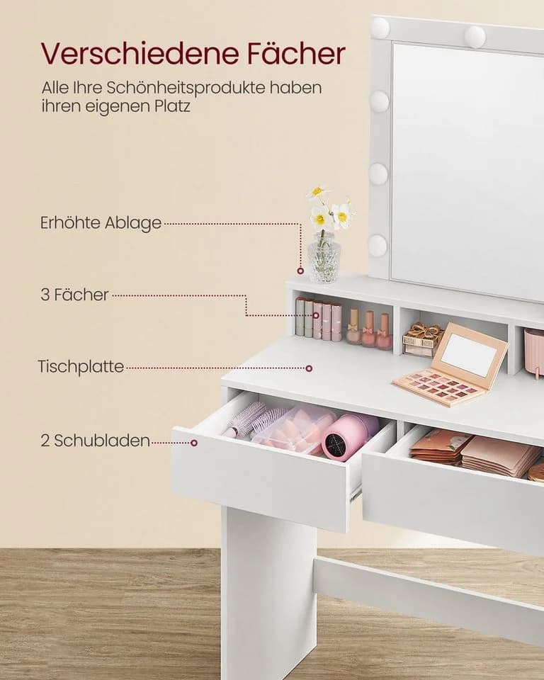 VASAGLE Schminktisch mit LED-Beleuchtung Weiß 2 Schubladen - Bild 5