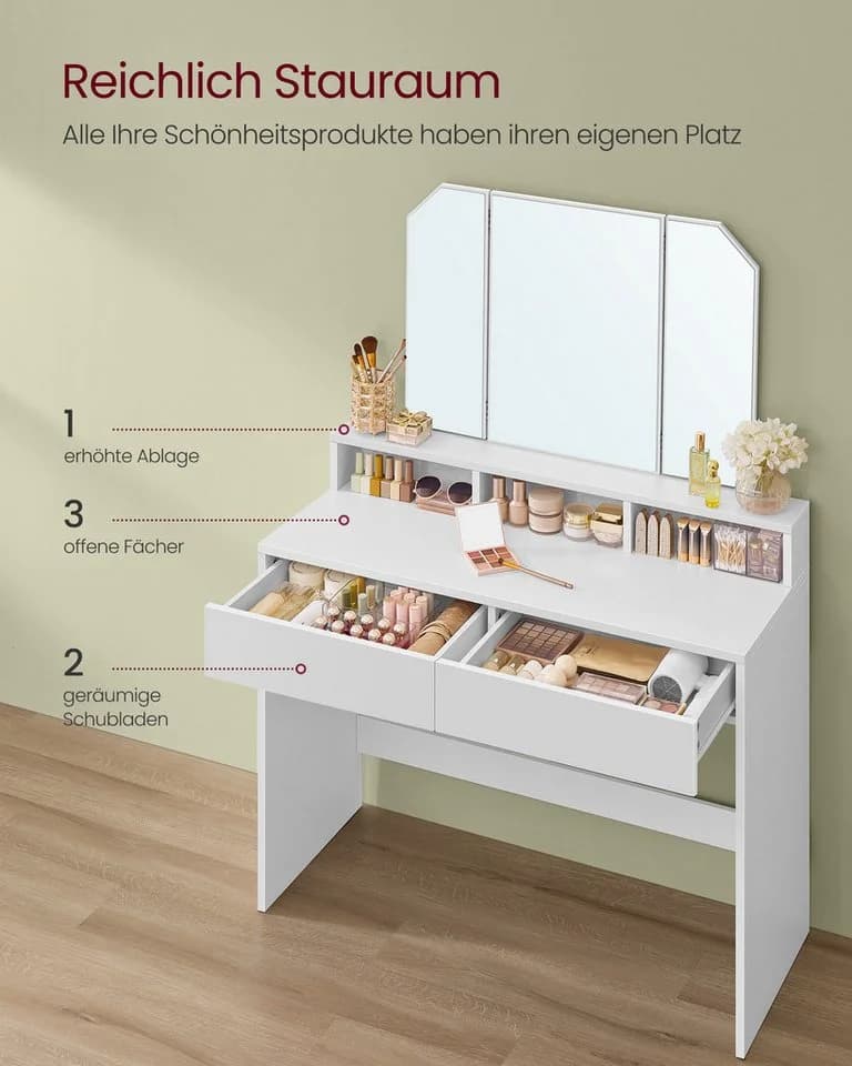 VASAGLE Schminktisch mit Klappspiegel 3 Fächer Weiß - Bild 3