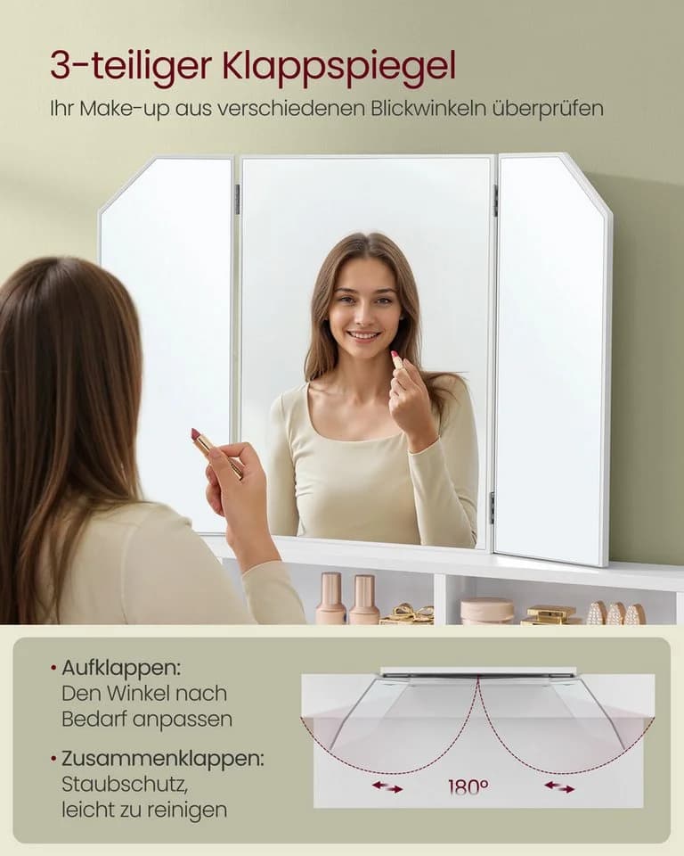 VASAGLE Schminktisch mit Klappspiegel 3 Fächer Weiß - Bild 4