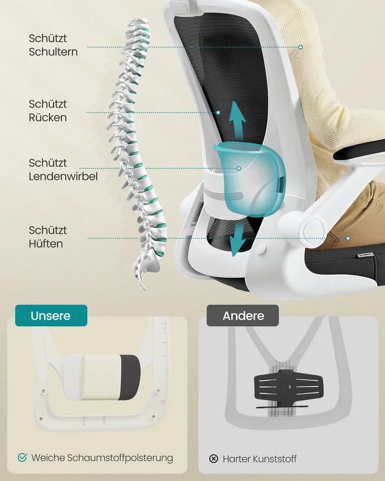 SONGMICS Bürostuhl Ergonomisch Drehstuhl Mesh Wippfunktion Klappbare Armlehnen - Bild 4