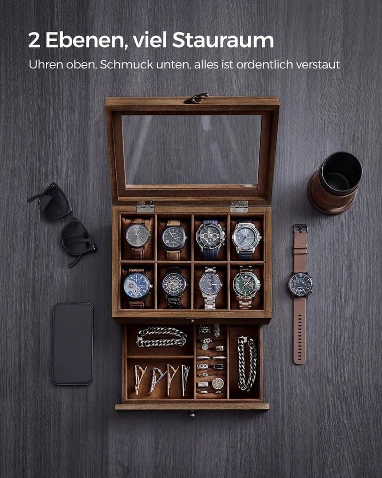 SONGMICS Uhrenbox Uhrenkasten mit 8/12 Fächern aus Massivholz Glasdeckel Walnussfarben - Bild 3