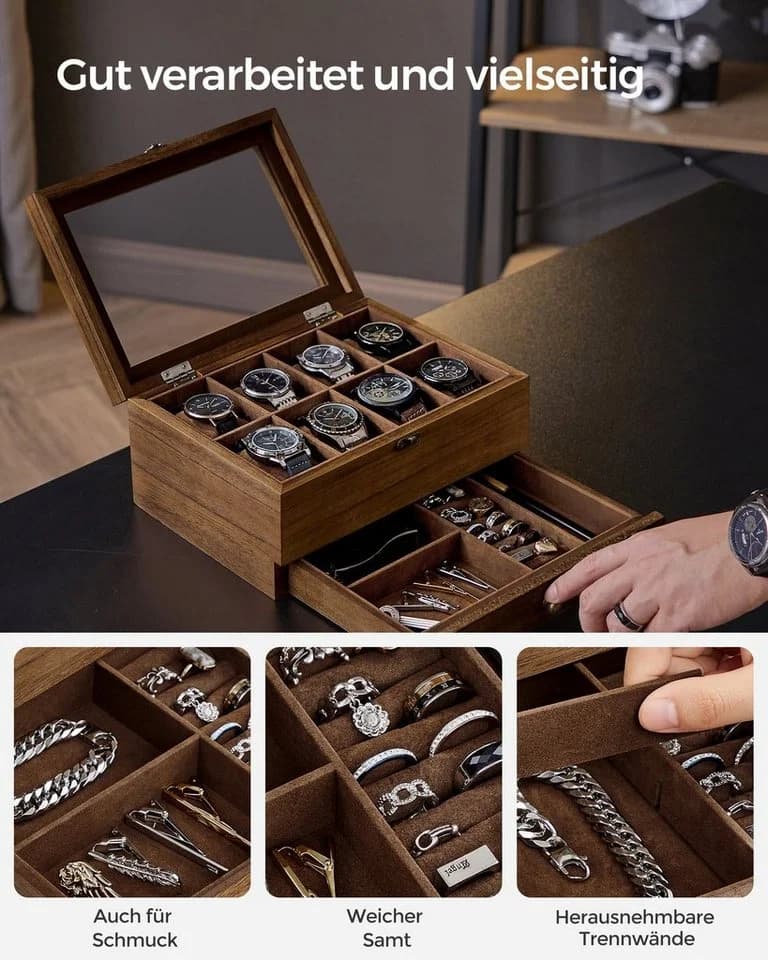SONGMICS Uhrenbox Uhrenkasten mit 8/12 Fächern aus Massivholz Glasdeckel Walnussfarben - Bild 4