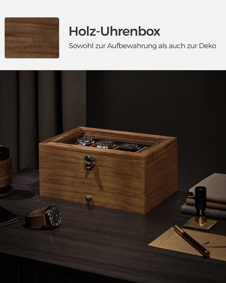 SONGMICS Uhrenbox Uhrenkasten mit 8/12 Fächern aus Massivholz Glasdeckel Walnussfarben - Bild 5