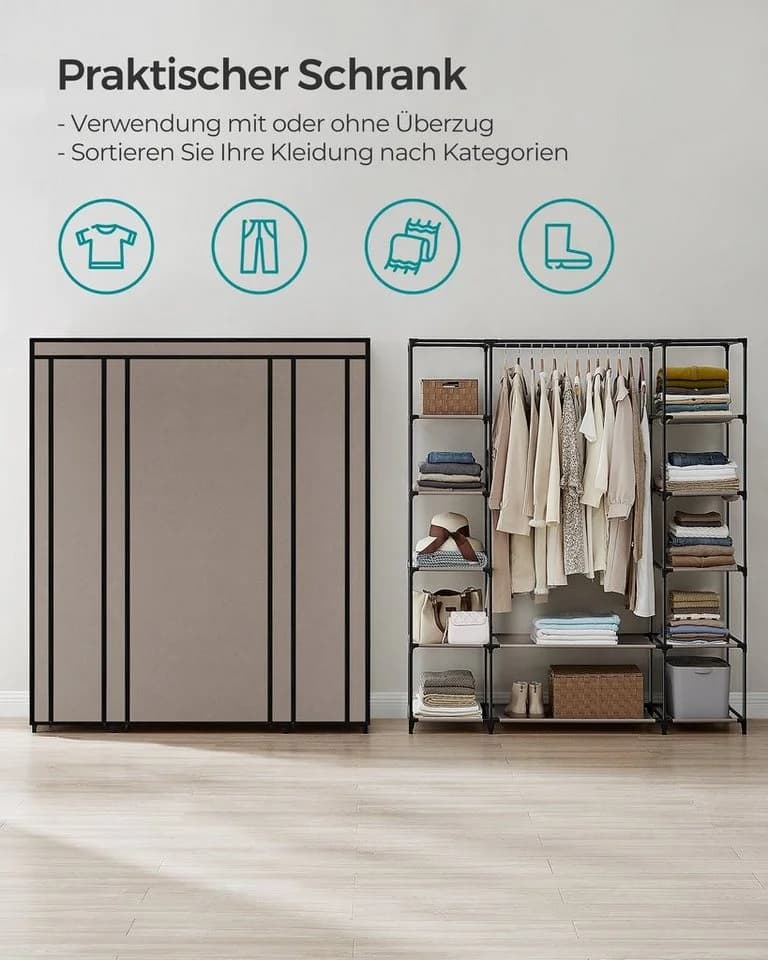 SONGMICS Kleiderschrank Stoffschrank mit Kleiderstange und 12 Ablagen Grau - Bild 3