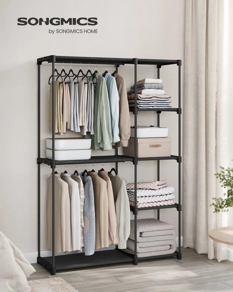 SONGMICS Kleiderständer, Kleiderschrank offen, 2 Hängefächer Schwarz