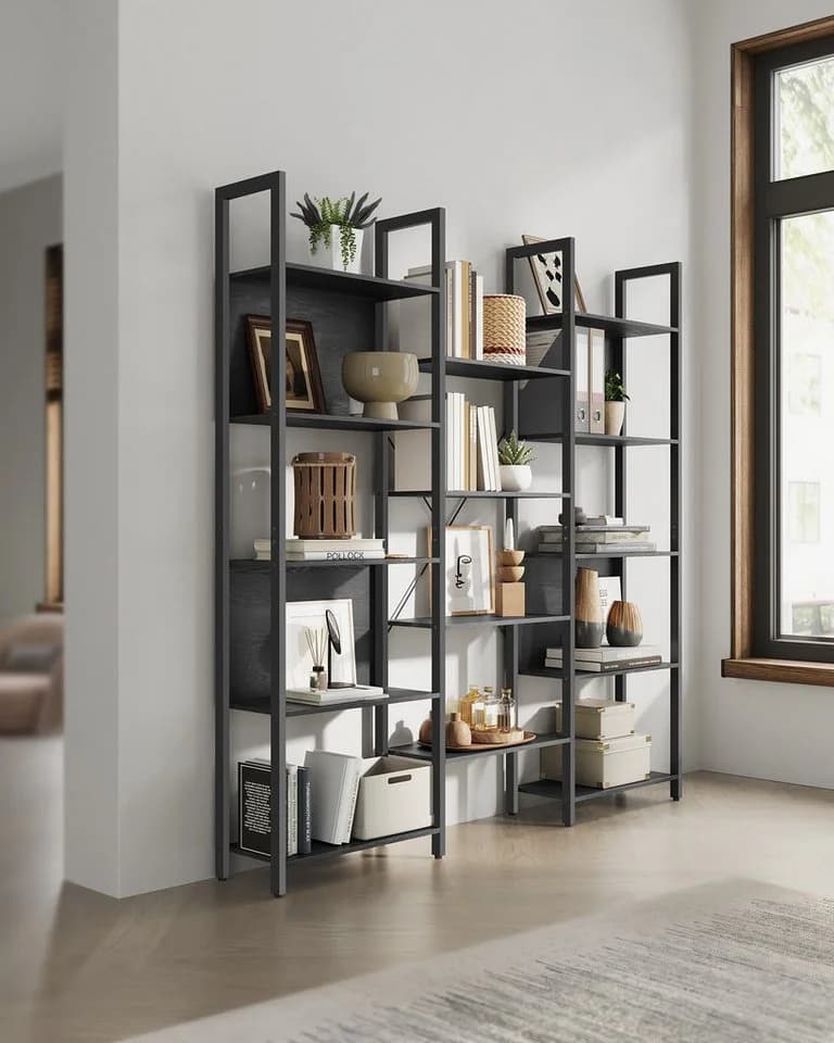 VASAGLE Bücherregal 14 Ablagen Metallrahmen Wohnzimmer Ebenholzschwarz