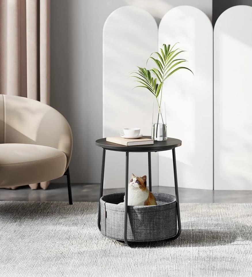VASAGLE Beistelltisch Rund Couchtisch mit Korb aus Stoff Ø45 cm Modern