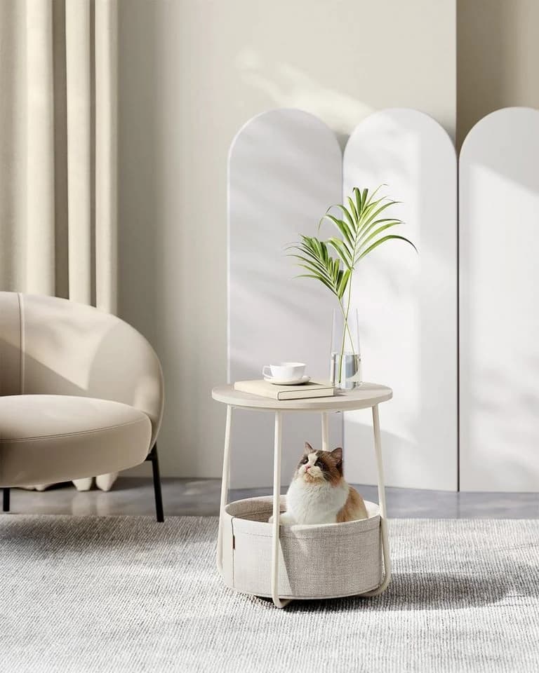 VASAGLE Beistelltisch rund Couchtisch mit Korb aus Stoff Ø45 cm modern