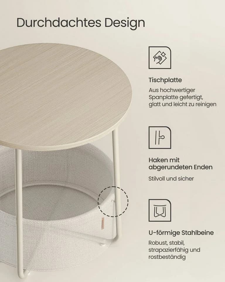 VASAGLE Beistelltisch rund Couchtisch mit Korb aus Stoff Ø45 cm modern - Bild 5