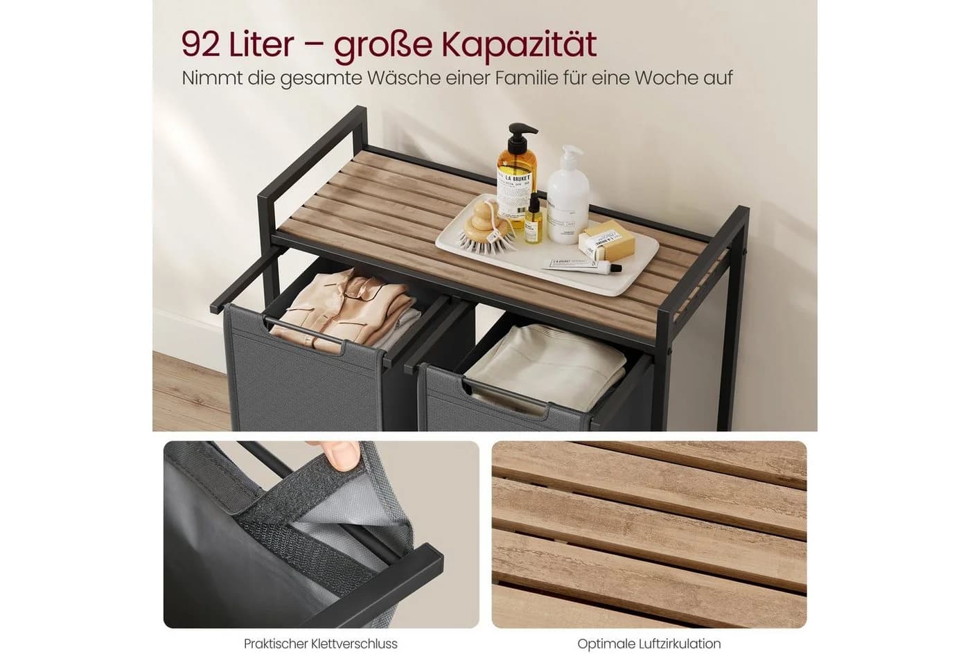VASAGLE Wäschekorb 2 Wäschesäcke Oxford-Gewebe abnehmbar 2 x 46 L - Bild 4