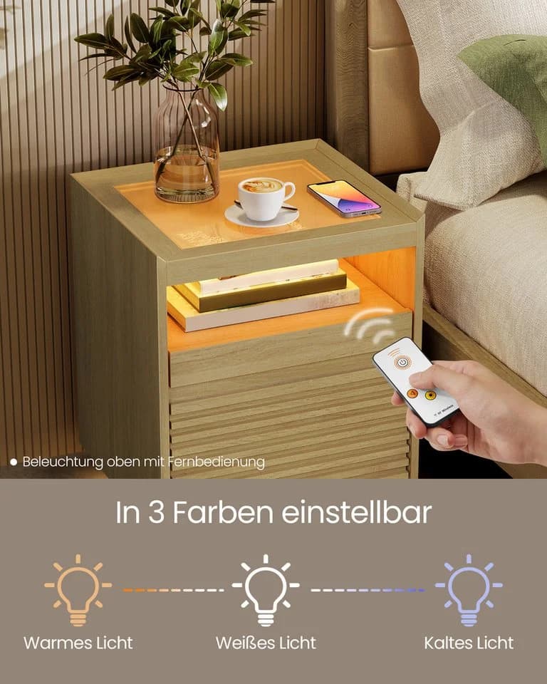 VASAGLE Nachttisch mit LED-Beleuchtung, Natureichenfarben - Bild 3