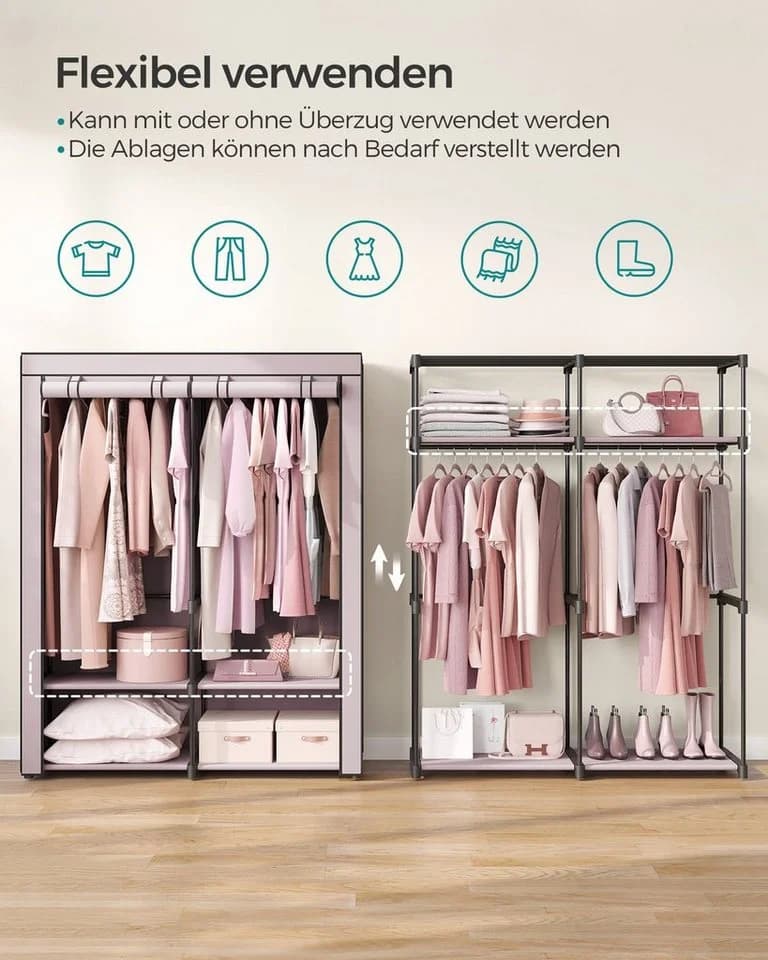SONGMICS Stoffschrank mit 2 Kleiderstangen und Ablagen Faltbar Lavendellila - Bild 4