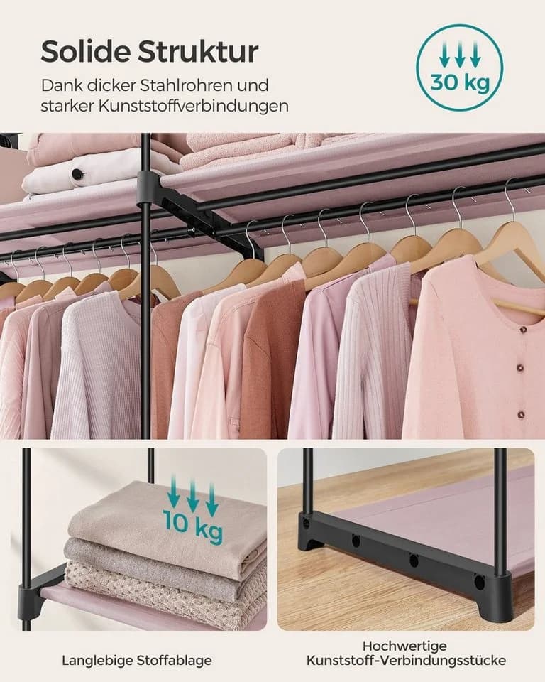 SONGMICS Stoffschrank mit 2 Kleiderstangen und Ablagen Faltbar Lavendellila - Bild 5