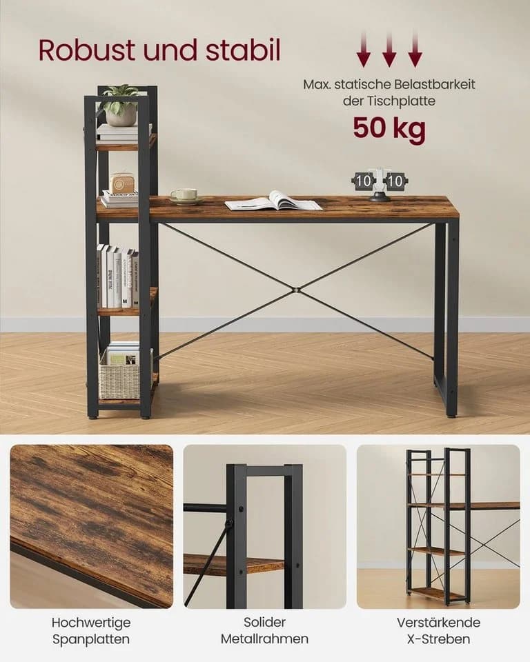 VASAGLE Schreibtisch Computertisch 137,2 cm mit Regalböden rechts oder links - Bild 5