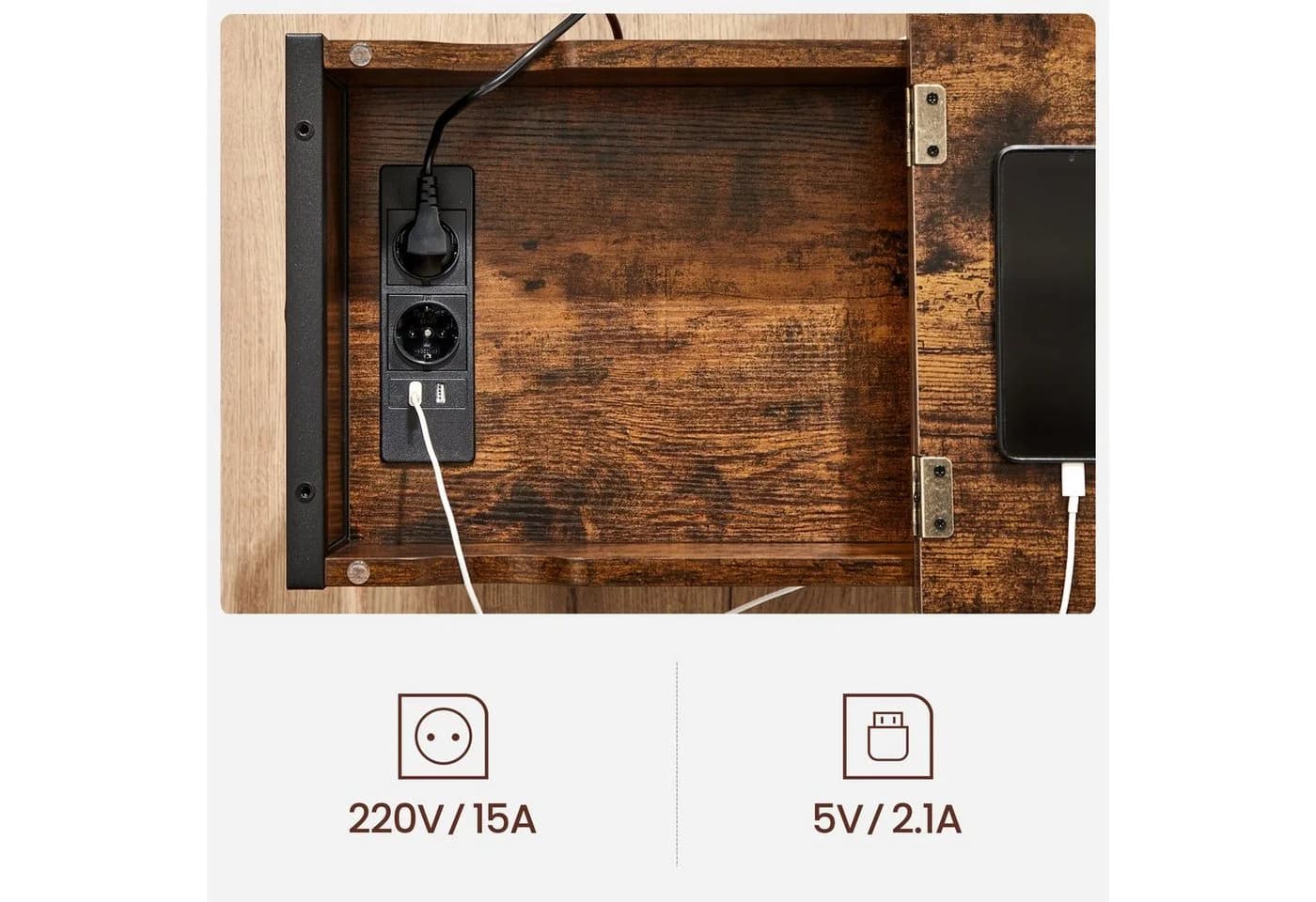 VASAGLE Beistelltisch 2-St. Steckdosen USB-Anschlüsse Klappbare Tischplatte Vintagebraun-Schwarz - Bild 4