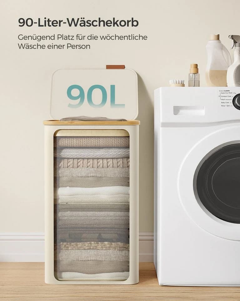 SONGMICS Wäschekorb mit Deckel 90L herausnehmbarer Wäschesack Bambusgriffe - Bild 3