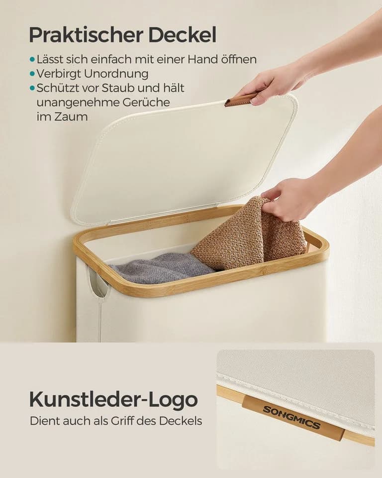 SONGMICS Wäschekorb mit Deckel 90L herausnehmbarer Wäschesack Bambusgriffe - Bild 4