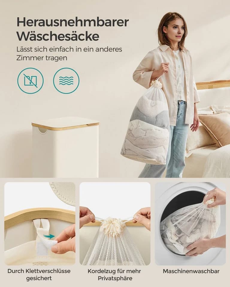 SONGMICS Wäschekorb mit Deckel 90L herausnehmbarer Wäschesack Bambusgriffe - Bild 5