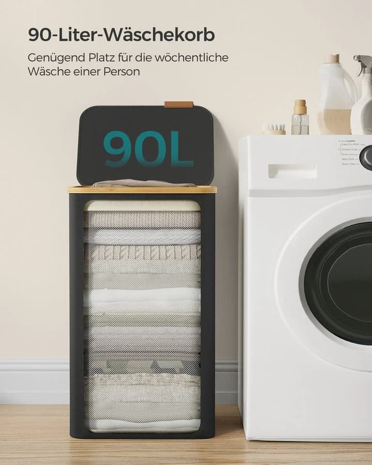 SONGMICS Wäschekorb 90 L mit Deckel und Bambusgriffen - Bild 3