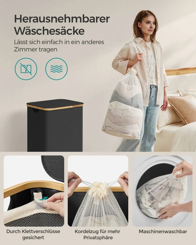 SONGMICS Wäschekorb 90 L mit Deckel und Bambusgriffen - Bild 5