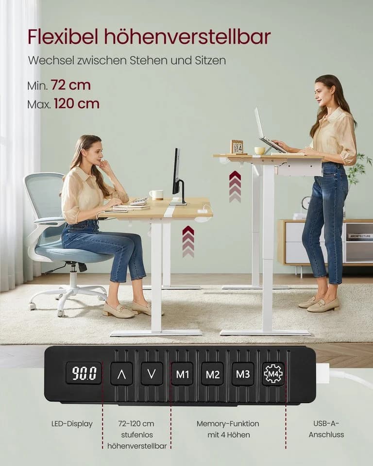 VASAGLE Schreibtisch Höhenverstellbar Elektrisch Steckdosen Stoffschublade Goldeichenfarben - Bild 4