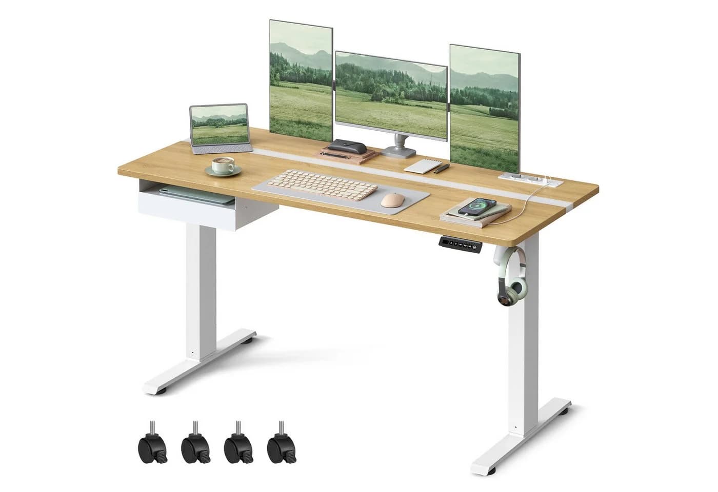 VASAGLE Schreibtisch höhenverstellbar, elektrisch, mit Steckdosen und Stoffschublade, Memory-Funktion mit 4 Höhen - Bild 2