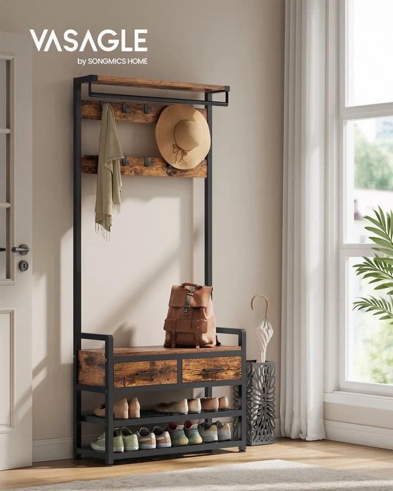 VASAGLE Garderobenständer mit Schuhbank, 2 Schubladen aus Stoff, Trennbares Design