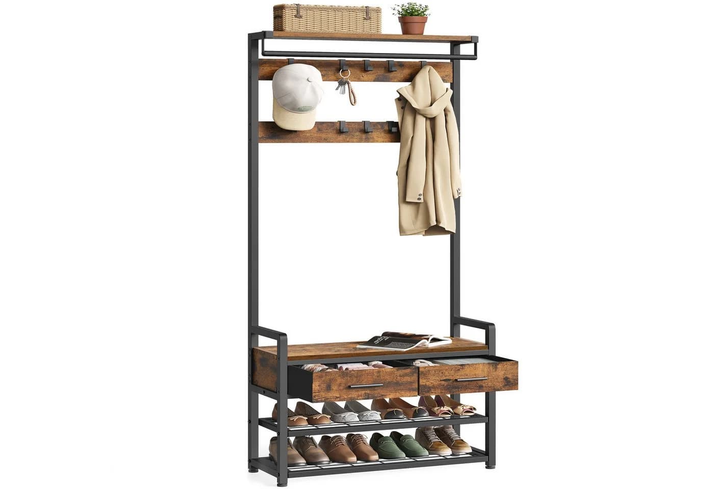VASAGLE Garderobenständer mit Schuhbank, 2 Schubladen aus Stoff, Trennbares Design - Bild 2