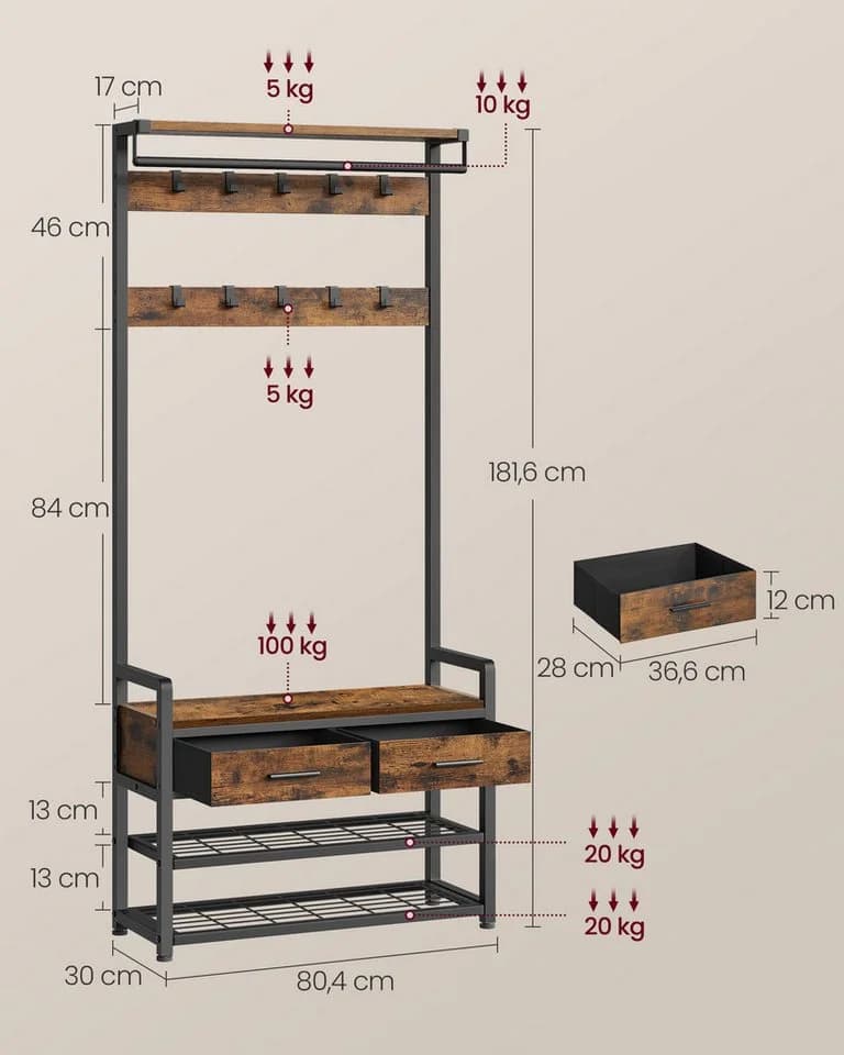 VASAGLE Garderobenständer mit Schuhbank, 2 Schubladen aus Stoff, Trennbares Design - Bild 5