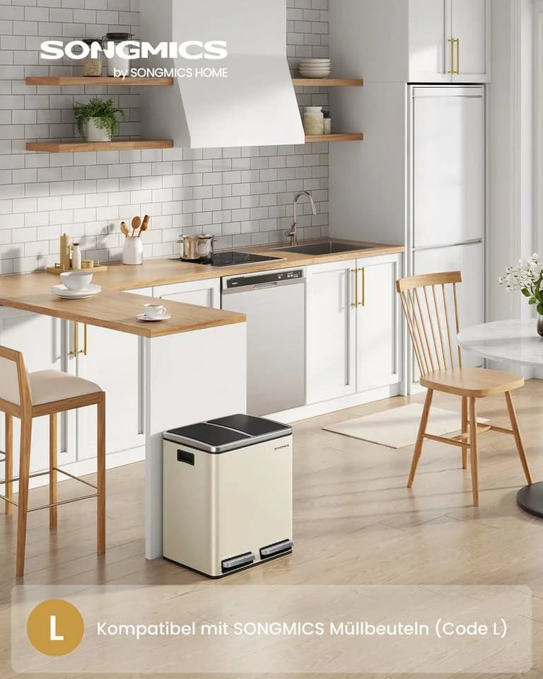 SONGMICS Mülltrennsystem 2x15L Treteimer Softclose Schwarz/Beige