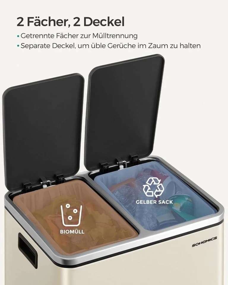 SONGMICS Mülltrennsystem 2x15L Treteimer Softclose Schwarz/Beige - Bild 4