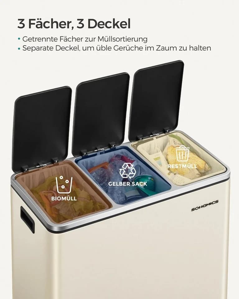 SONGMICS Mülltrennsystem 3x18L Beige/Gelb mit Fußpedal