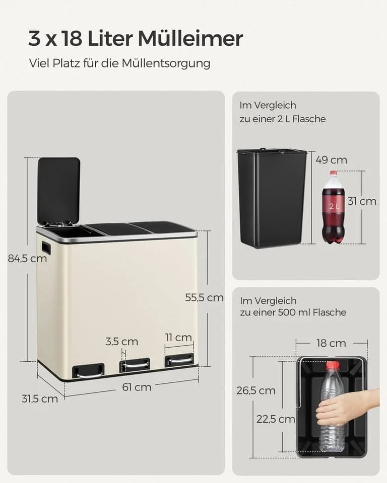 SONGMICS Mülltrennsystem 3x18L Beige/Gelb mit Fußpedal - Bild 5