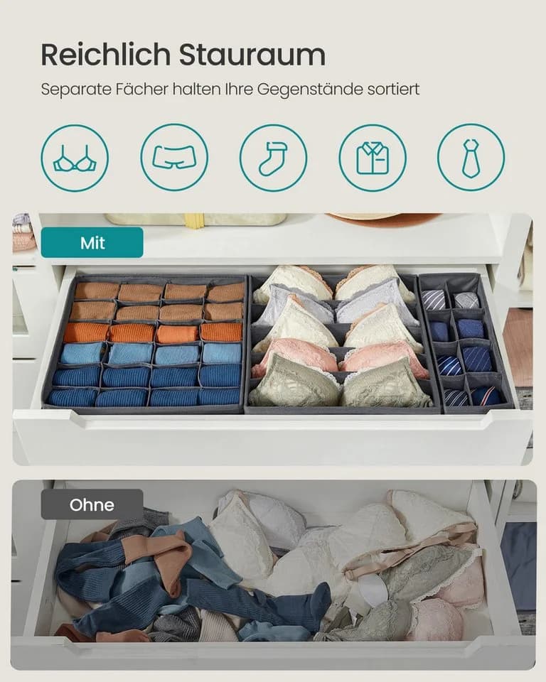 SONGMICS Aufbewahrungsbox Schubladen-Organizer 8er Set Grau Stoffboxen