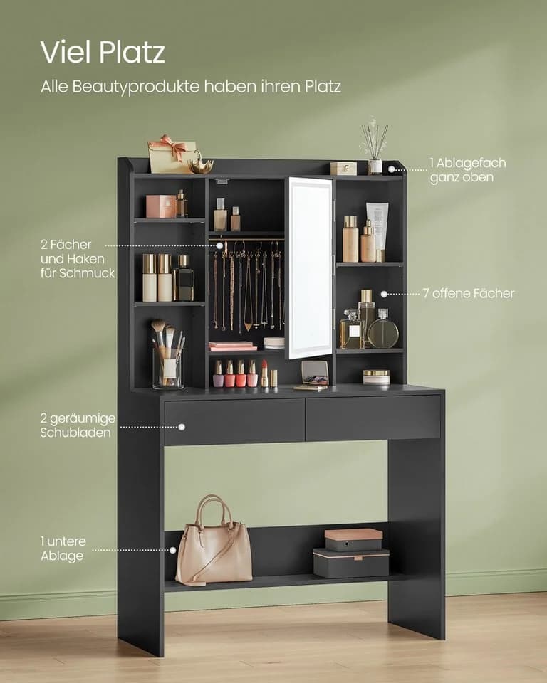 VASAGLE Schminktisch mit LED-Beleuchtung, 3 Farben, Weiß/Tintenschwarz - Bild 4